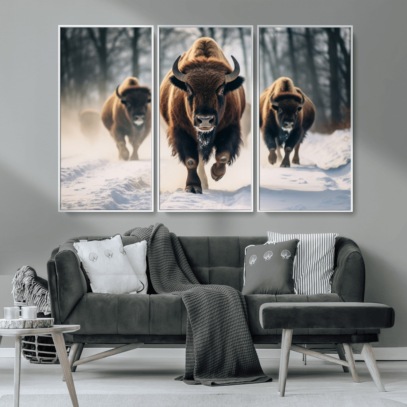 56549-MGV-FC-48X32-3P_White-Wild Bison Wall Art – Majestic Buffalo Herd Running in Snow Canvas Print, Rustic Wildlife Photography Decor for Cabin, Lodge, or