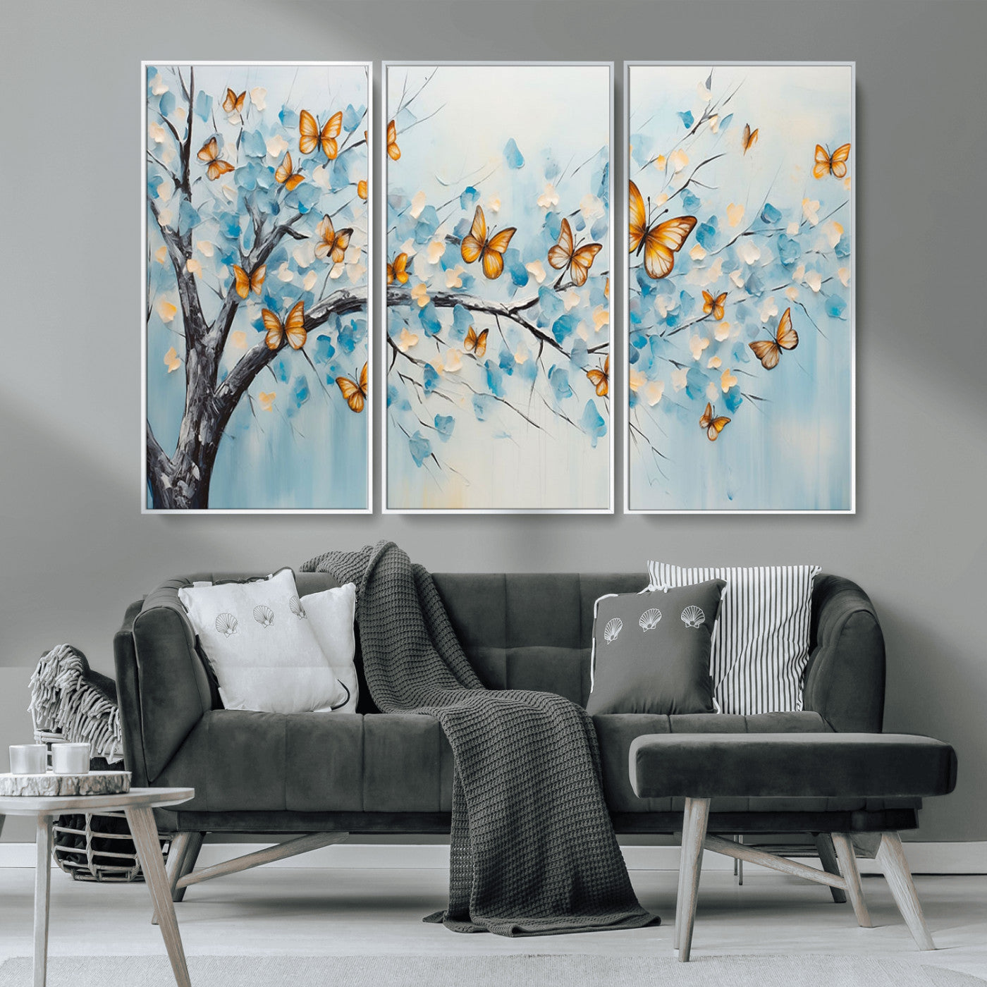 59455-MGV-CV-36X24-Butterfly Tree Branch Wall Art – Blue and Yellow Abstract Canvas Print, Modern Nature Artwork for Living Room, Bedroom or Office