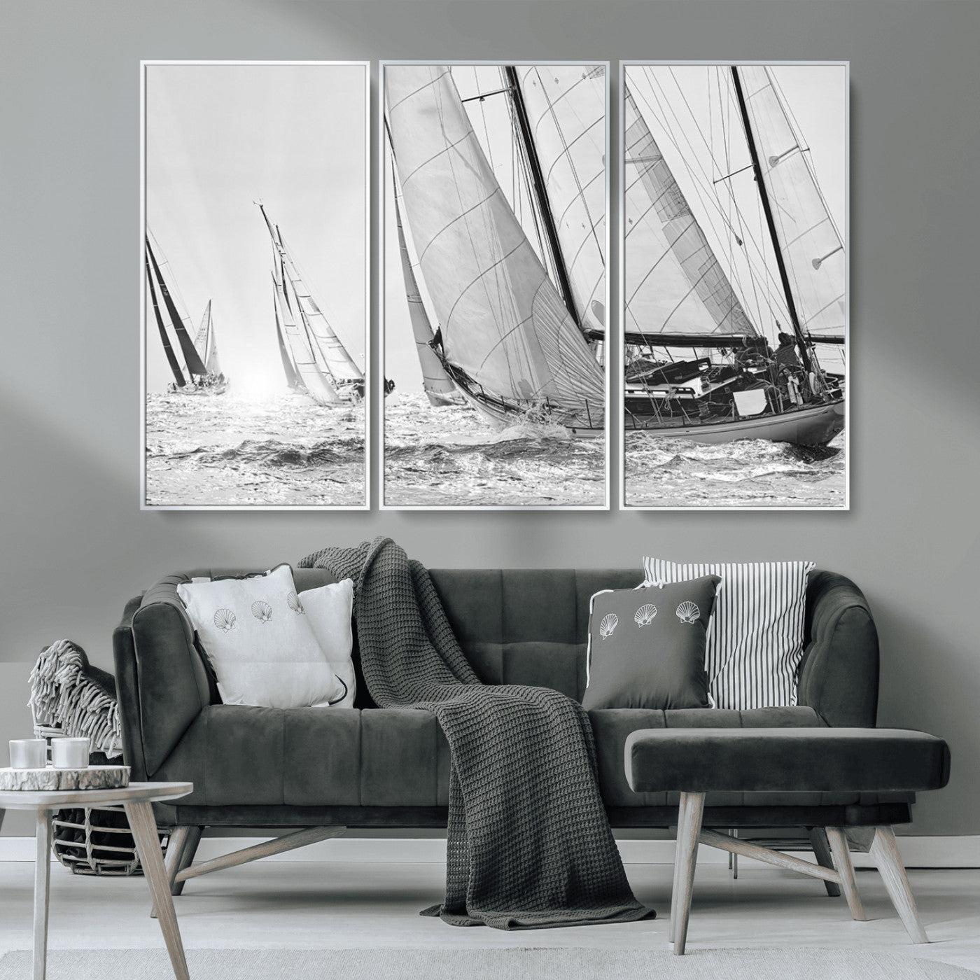 Boat-1-MGV-CV-36X24-Sailboat Racing Wall Art – Nautical Black and White Canvas Print, Ocean Adventure Decor for Office, Living Room or Bedroom