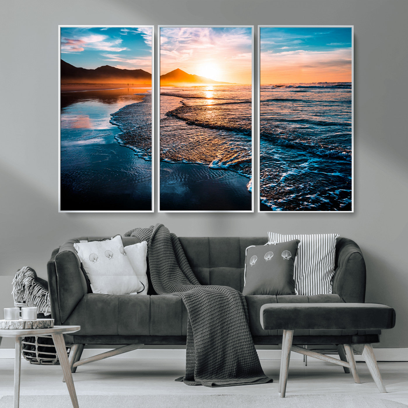 26494-MGV-CV-36X24-Ocean Sunset Wall Art – Scenic Beach Canvas Print with Waves and Mountains, Coastal Seascape Photography for Living Room, Bedroom