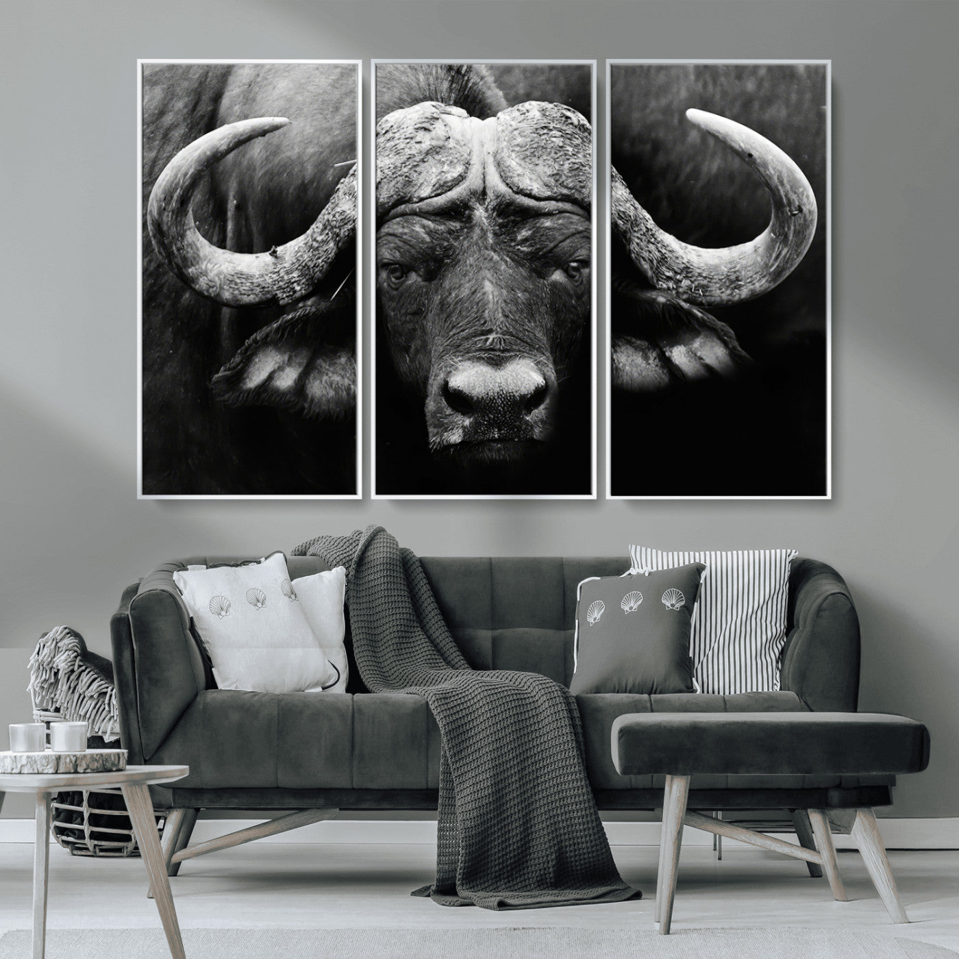 75273-MGV-CV-36X24-Buffalo Wall Art – Black and White African Buffalo Canvas Print, Rustic Wildlife Animal Artwork for Farmhouse, Living Room,