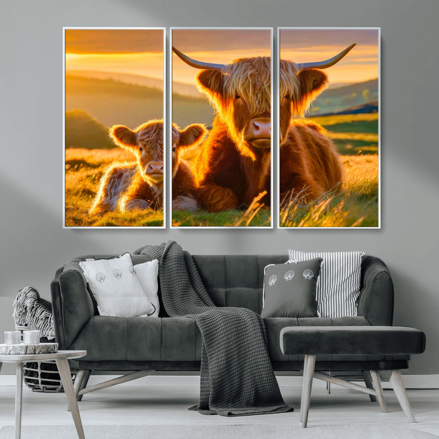 20567-MGV-CV-36X24-Highland Cow and Calf Wall Art – Rustic Farmhouse Sunset Cattle Canvas Print, Country Animal Artwork for Living Room, Bedroom, or
