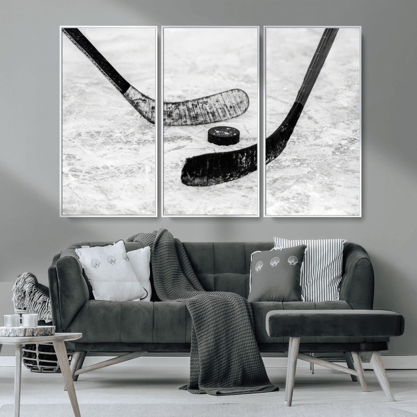 82900-MGV-CV-36X24-Hockey Wall Art – Black and White Canvas Print Ice Rink Sticks Puck Sports Photography, Modern Decor for Game Room, Man Cave,
