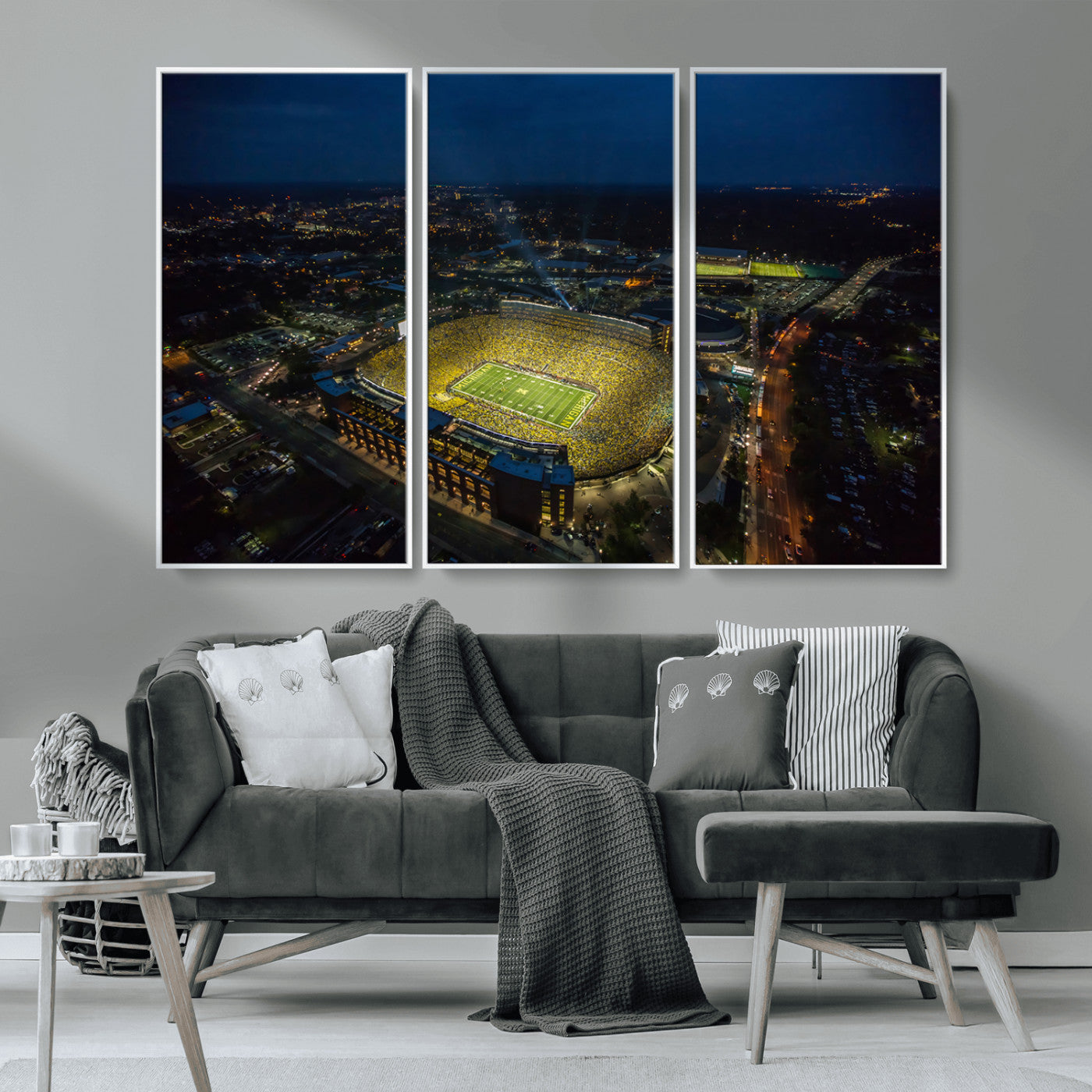 33588-MGV-CV-36X24-Football Stadium Wall Art – Aerial Night Game Canvas Print Packed Field City Lights, Sports Photography Decor for Game Room, Man