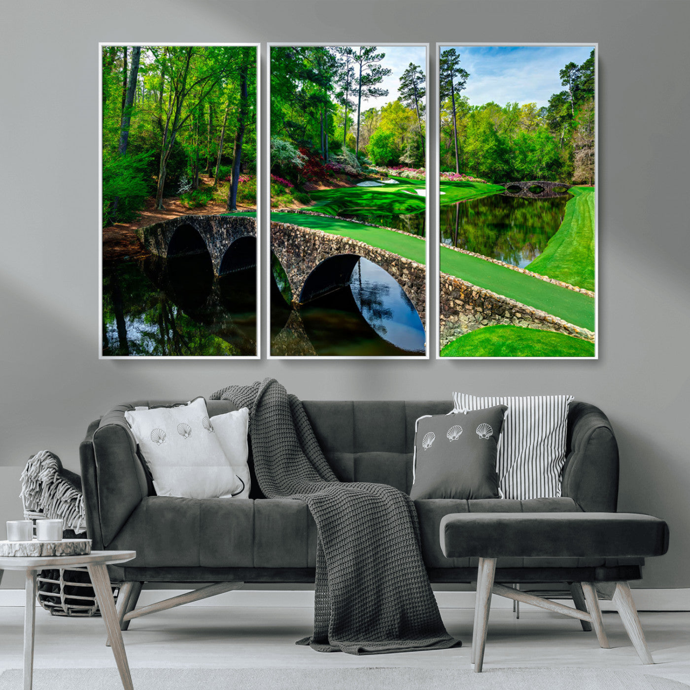 57655-MGV-FC-48X32-3P_White-Golf Course Wall Art – Canvas Print Scenic Green Fairway Stone Bridge Water Reflection Landscape, Classic Sports Decor for Office,