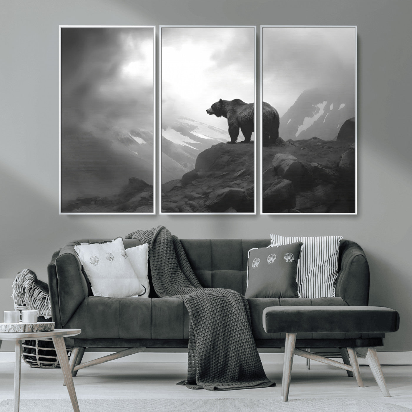 49504-MGV-CV-36X24-Black and White Grizzly Bear Wall Art – Wilderness Wildlife Painting, Rustic Mountain Cabin Decor, Monochrome Animal Print for