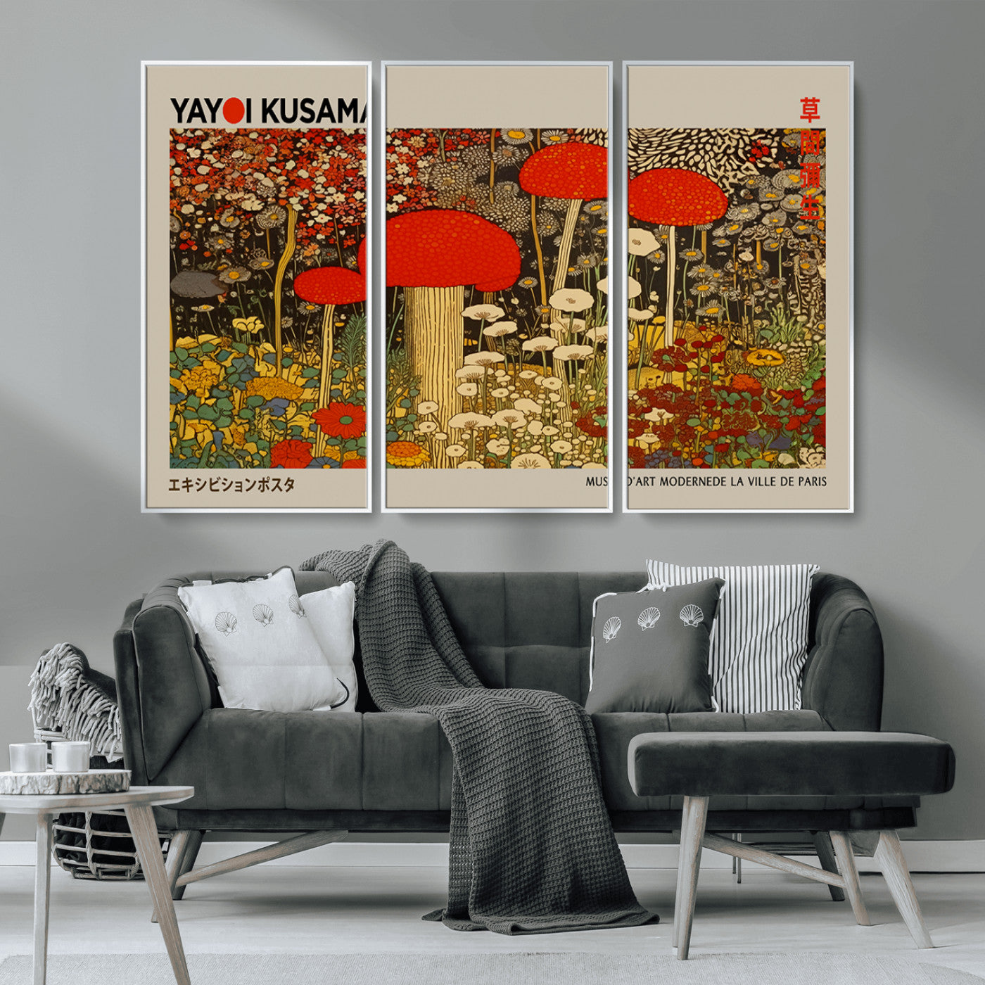 38013-MGV-CV-36X24-Yayoi Kusama Inspired Mushroom Garden Wall Art – Whimsical Botanical Canvas Print, Surreal Nature Poster, Fantasy Floral Artwork