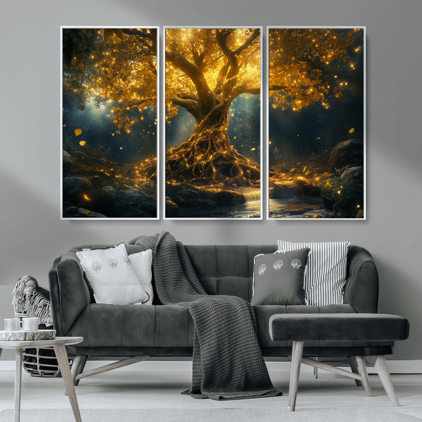 92739-MGV-FC-48X32-3P_White-Glowing Tree Wall Art – Enchanted Golden Forest Canvas Print, Mystical Illuminated Nature Painting Poster for Living Room,