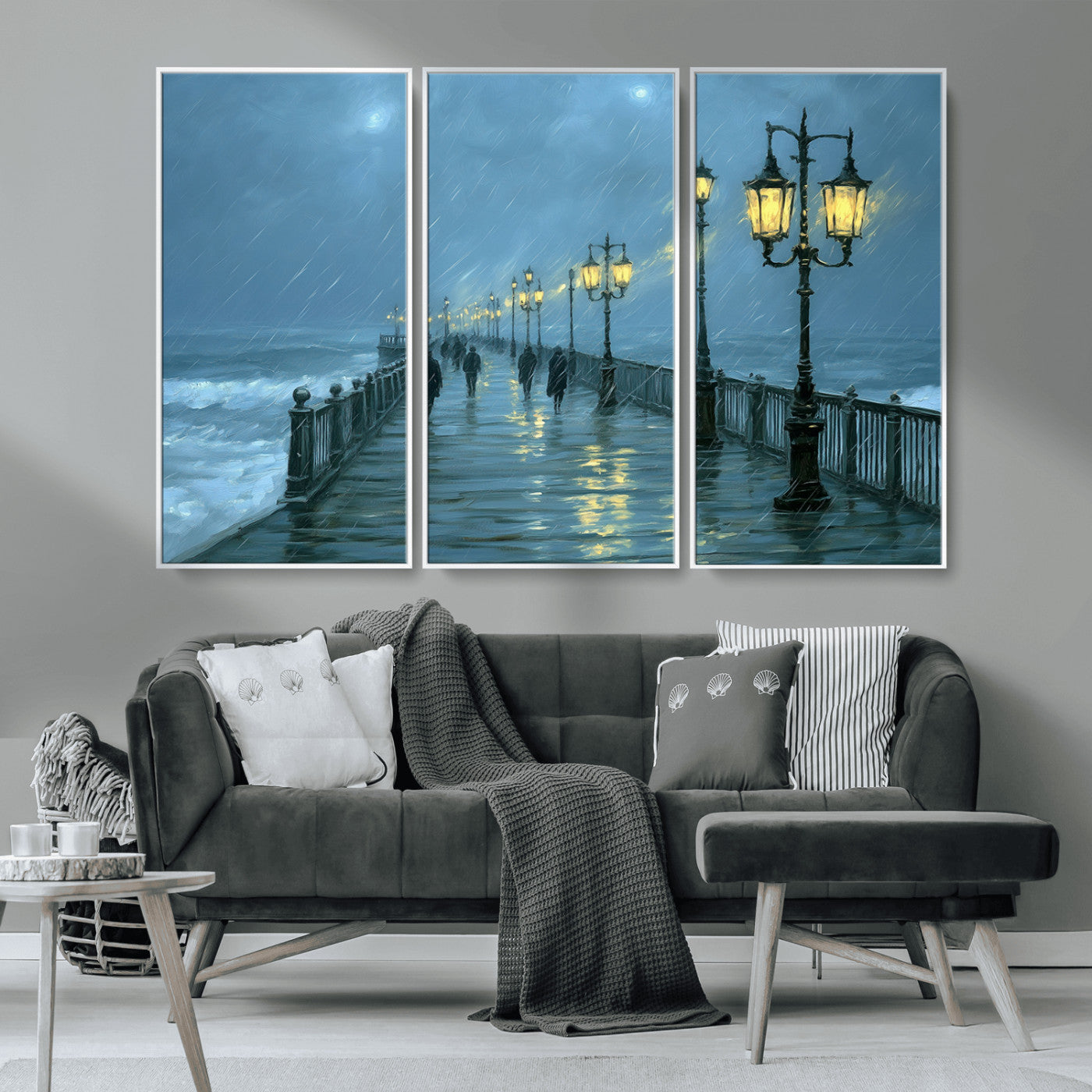 79606-MGV-CV-36X24-Rainy Pier Night Wall Art – Ocean Waves and Street Lamps Canvas Print, Moody Seascape Oil Painting Poster for Living Room,