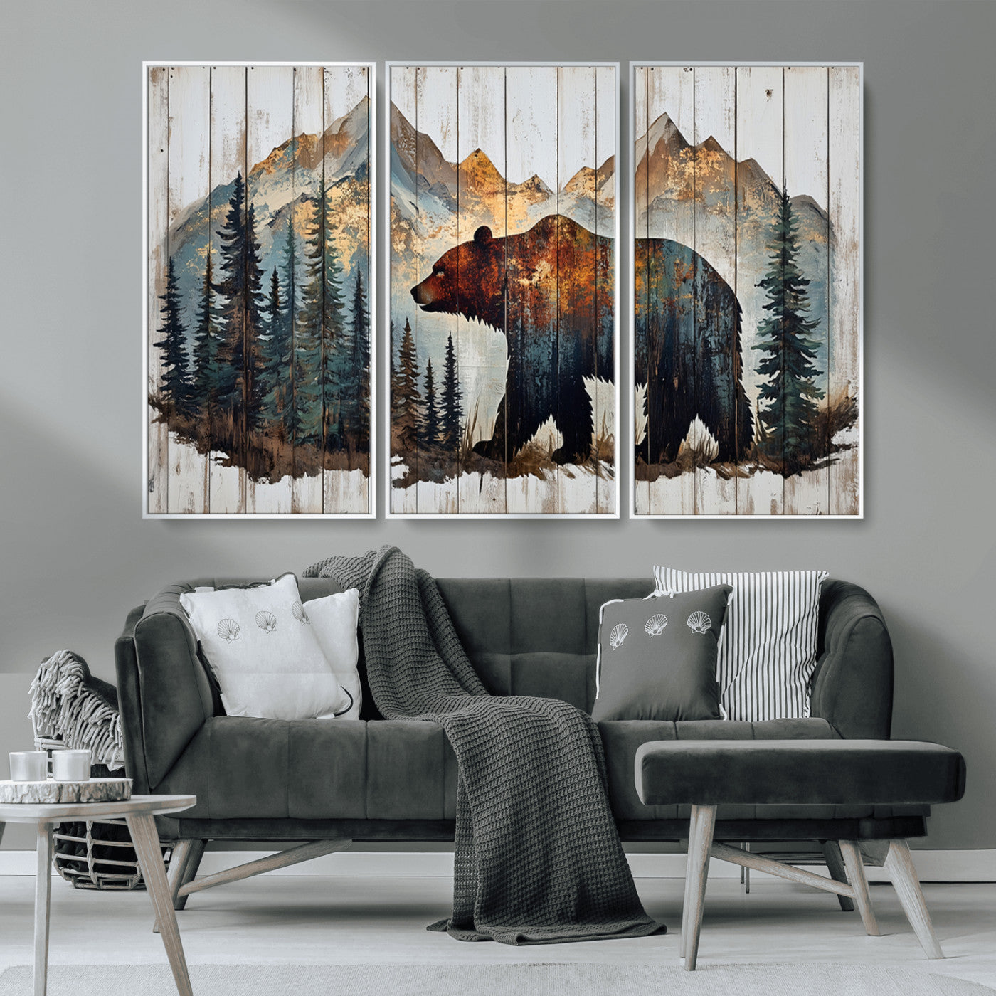 55777-MGV-CV-36X24-Rustic Bear Wall Art Canvas Print, Framed Mountain and Forest Art Picture Print, Wooden Bear Perfect Rustic Lodge Decor Artwork