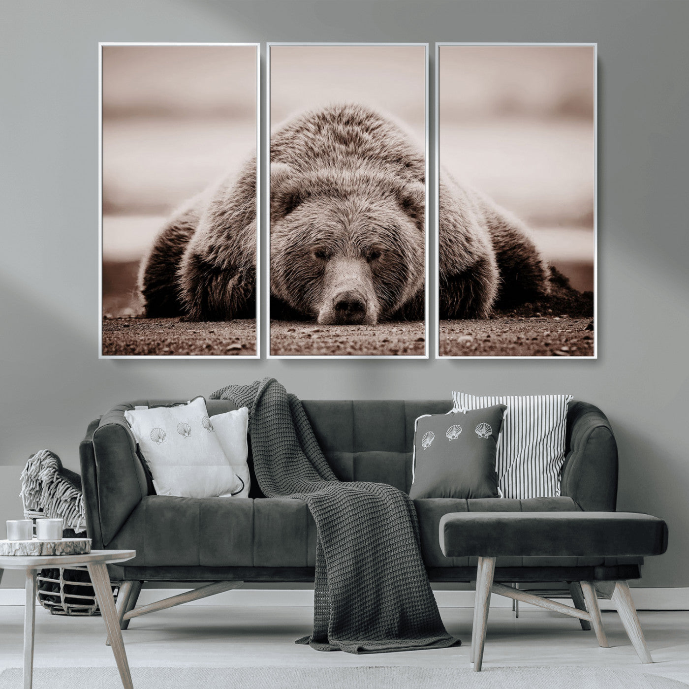 20611-MGV-CV-36X24-Grizzly Bear Wall Art – Majestic Wildlife Sepia Canvas Print, Rustic Nature Animal Artwork for Cabin, Lodge, Living Room, Bedroom,