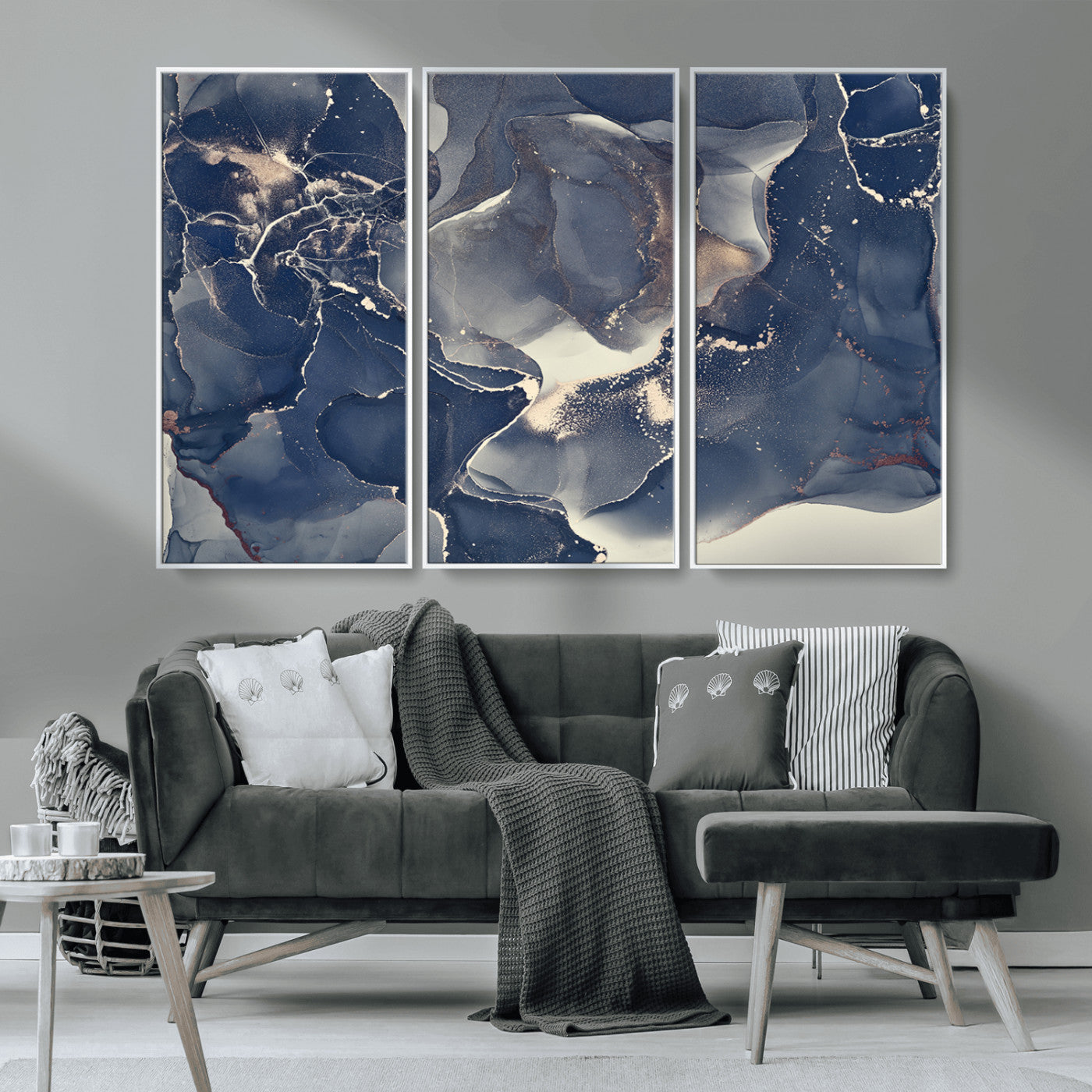 28282-MGV-CV-36X24-Blue Abstract Wall Art – Modern Ink Swirl Canvas Print, Contemporary Navy and Gold Painting for Living Room, Bedroom, Office or