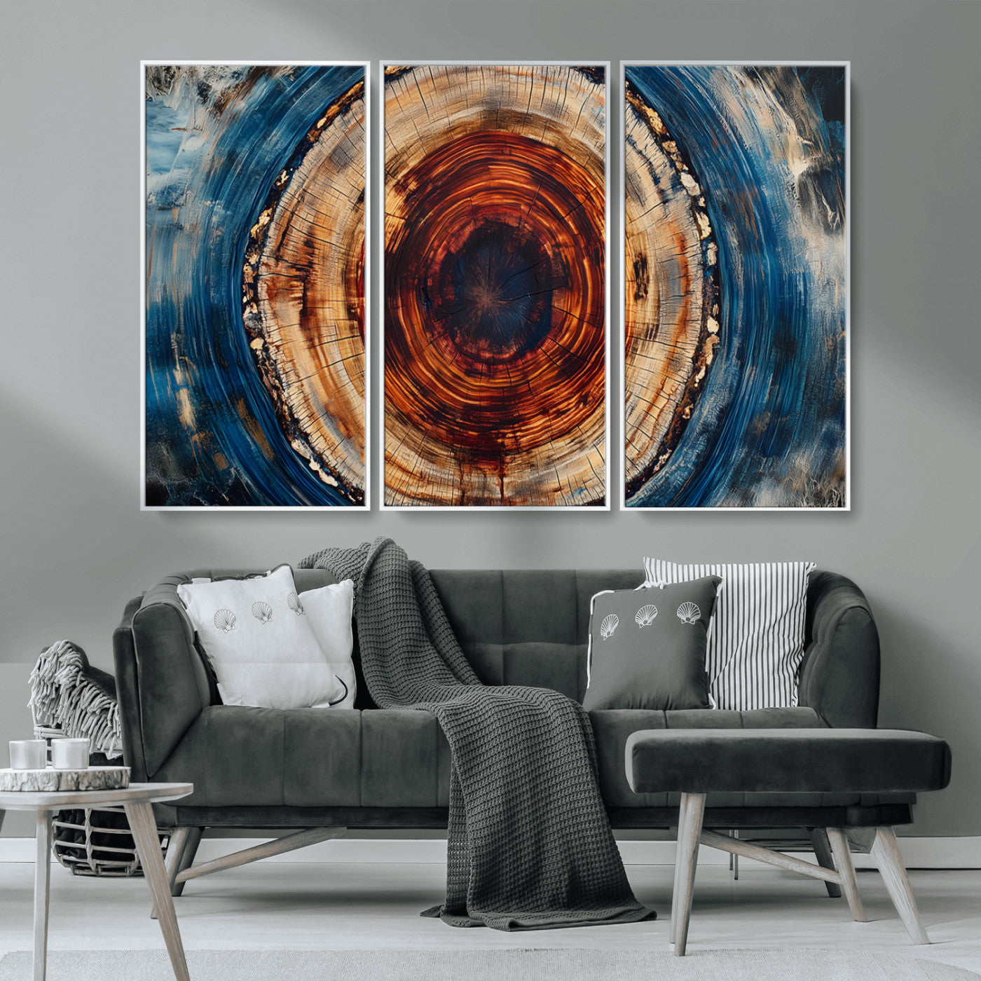 90395-MGV-CV-36X24-Tree Ring Wall Art – Abstract Wood Grain Canvas Print with Fiery Red and Blue Tones, Bold Rustic Nature Inspired Artwork Decor for