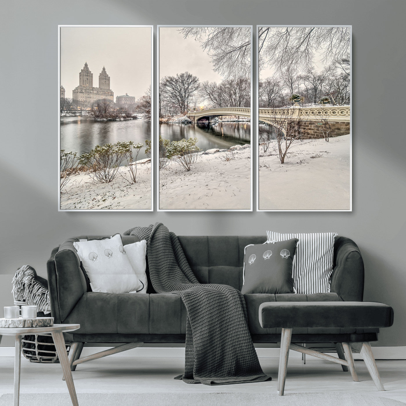 60292-MGV-FC-48X32-3P_White-Central Park Winter Wall Art – Snowy Bow Bridge Canvas Print, Scenic New York City Landscape Photography for Living Room, Bedroom