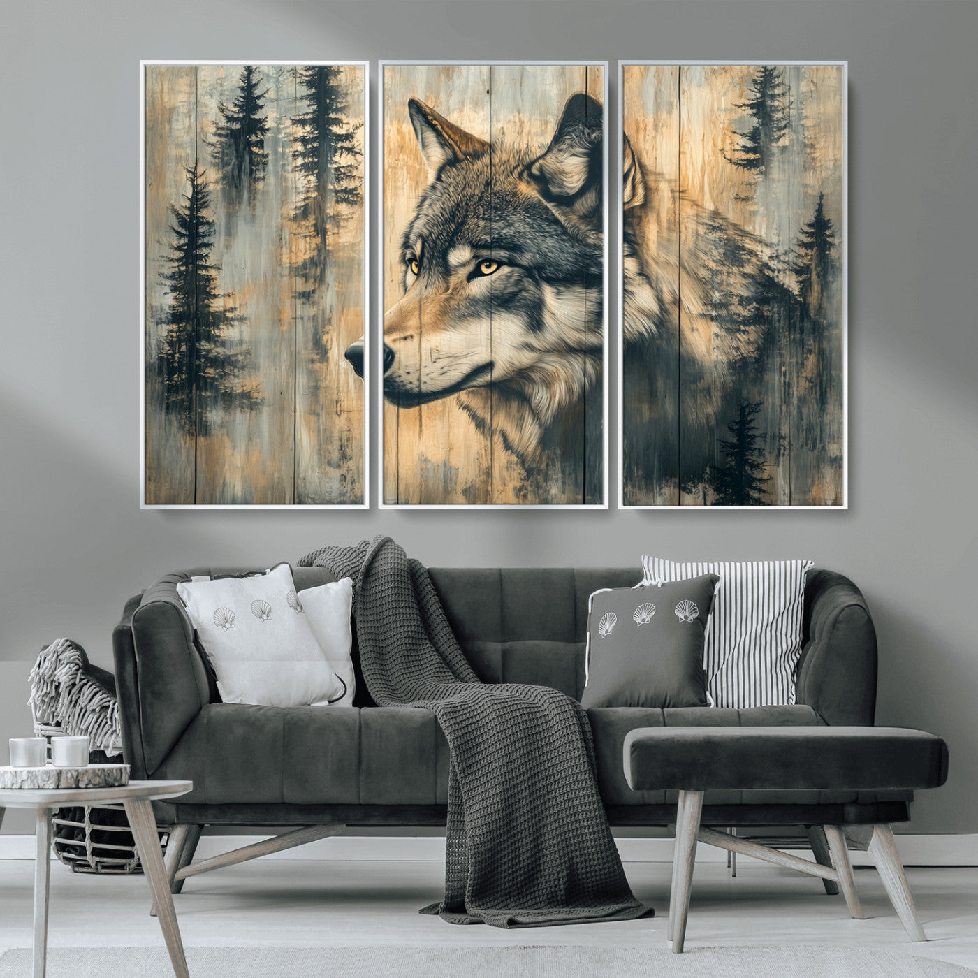 51892-MGV-CV-36X24-Wolf Wall Art – Rustic Canvas Print of Wolf with Forest Trees on Wood Texture, Wildlife Lodge Artwork for Living Room, Bedroom,