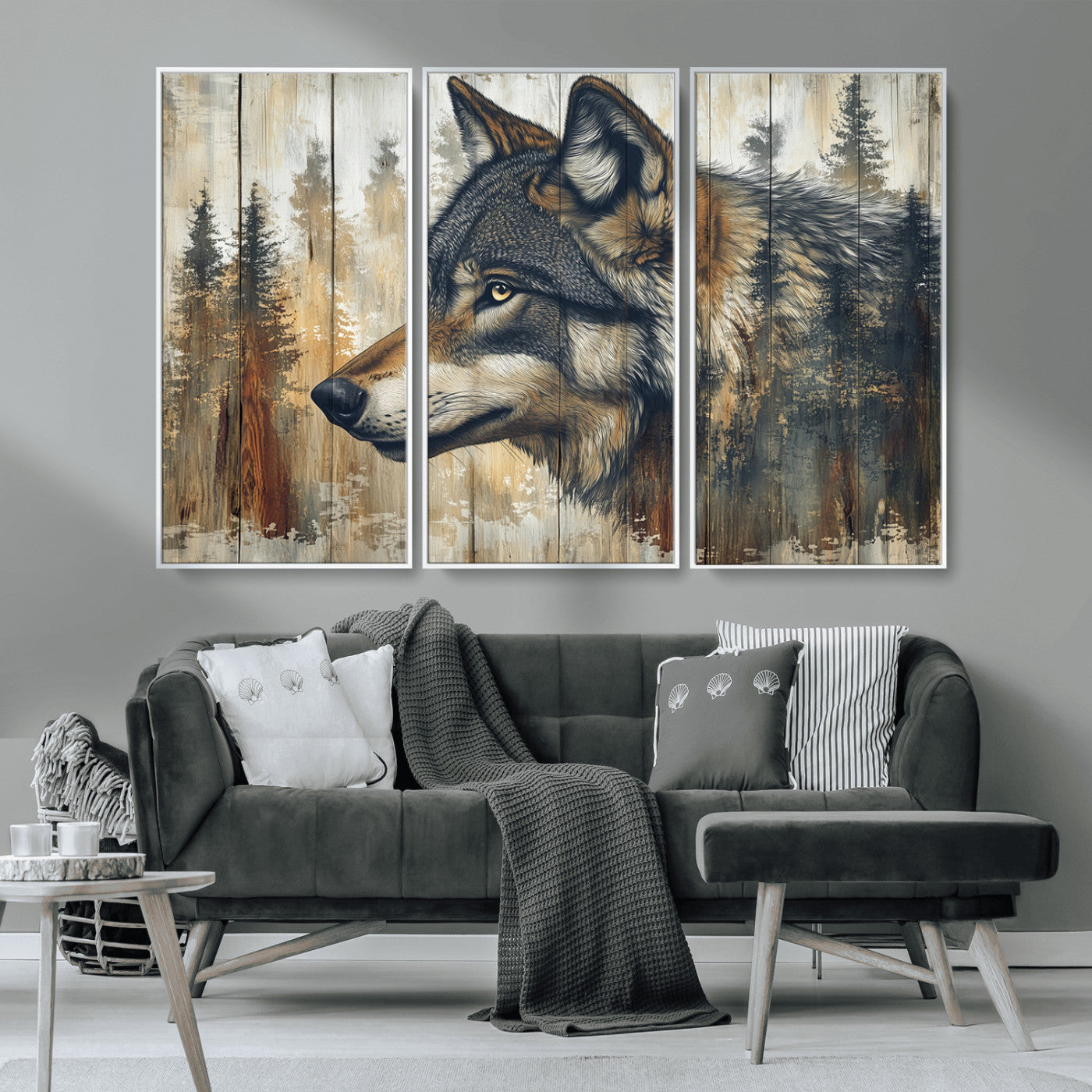 91882-MGV-CV-36X24-Wolf Wall Art – Rustic Canvas Print of Forest Wolf on Wood Background, Wildlife Lodge Artwork for Living Room, Bedroom, Cabin, or