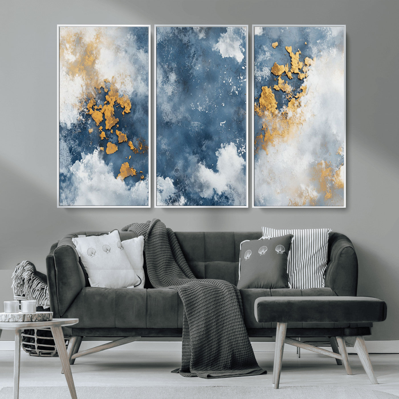 39575-MGV-CV-36X24-Blue and Gold Abstract Wall Art – Modern Canvas Print Featuring Cloudy Textures with Metallic Accents, Contemporary Artwork for