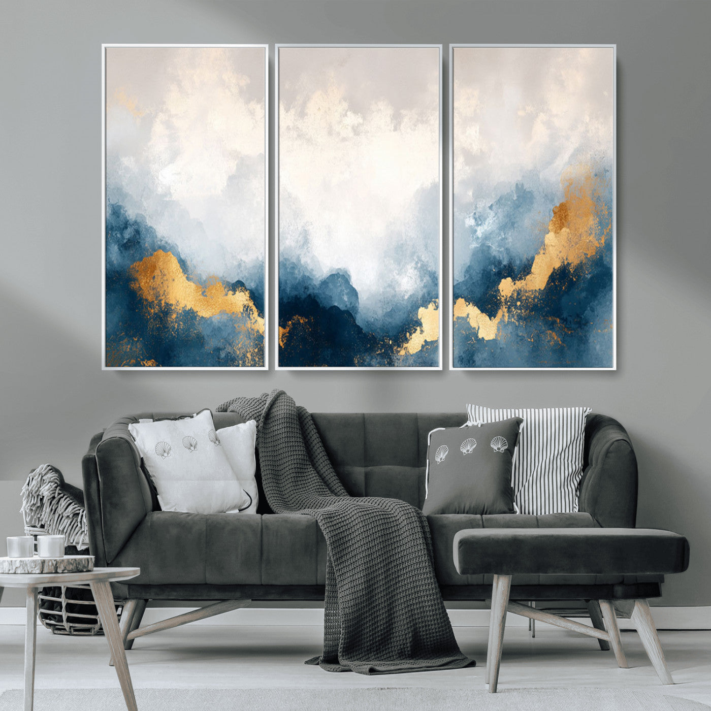 14578-MGV-CV-36X24-Abstract Wall Art – Modern Canvas Print Featuring Blue and White Clouds with Golden Accents, Contemporary Elegant Artwork for