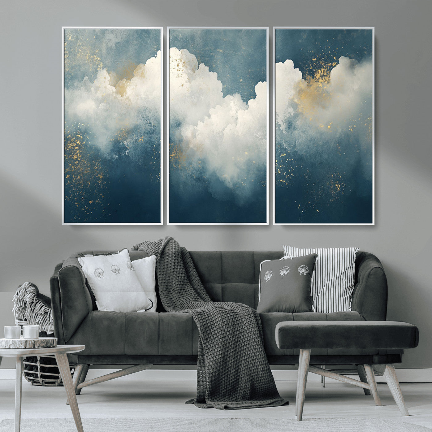 75131-MGV-CV-36X24-Abstract Cloud Wall Art – Modern Canvas Print Featuring Blue and White Clouds with Golden Accents, Contemporary Artwork for Living
