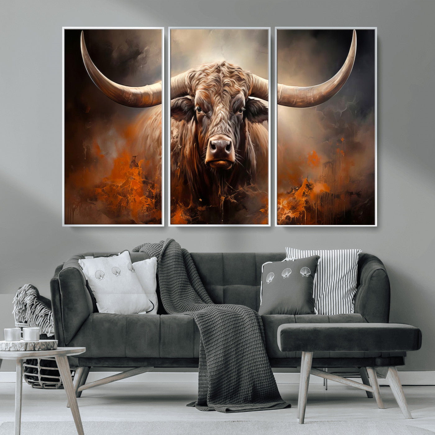 240479-MGV-CV-36X24-Longhorn Bull Wall Art – Dramatic Western Canvas Print Featuring Horned Bull with Fiery Background, Rustic Farmhouse Artwork for