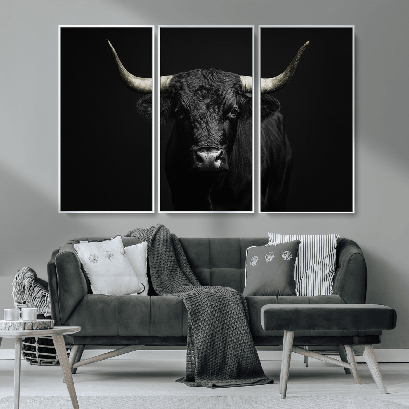 97914921-MGV-CV-36X24-Black Bull Wall Art Canvas Print, Framed Longhorn Bull Art Picture Print, Western Bull Perfect Monochrome Western Decor Artwork