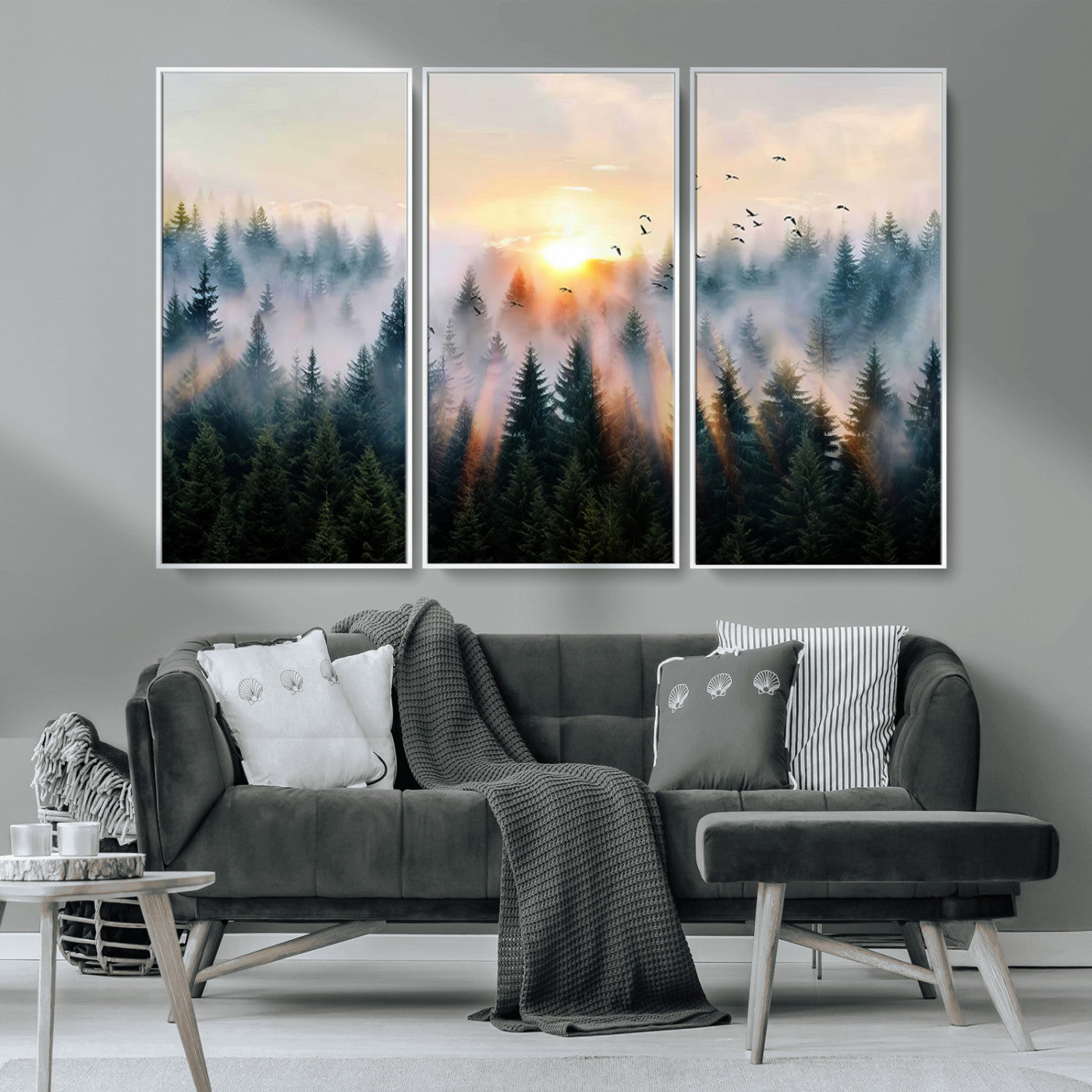 56391411-MGV-CV-36X24-Misty Forest Wall Art Canvas Print, Framed Sunrise Pines Art Picture Print, Moody Pines Perfect Serene Woodland Decor Artwork