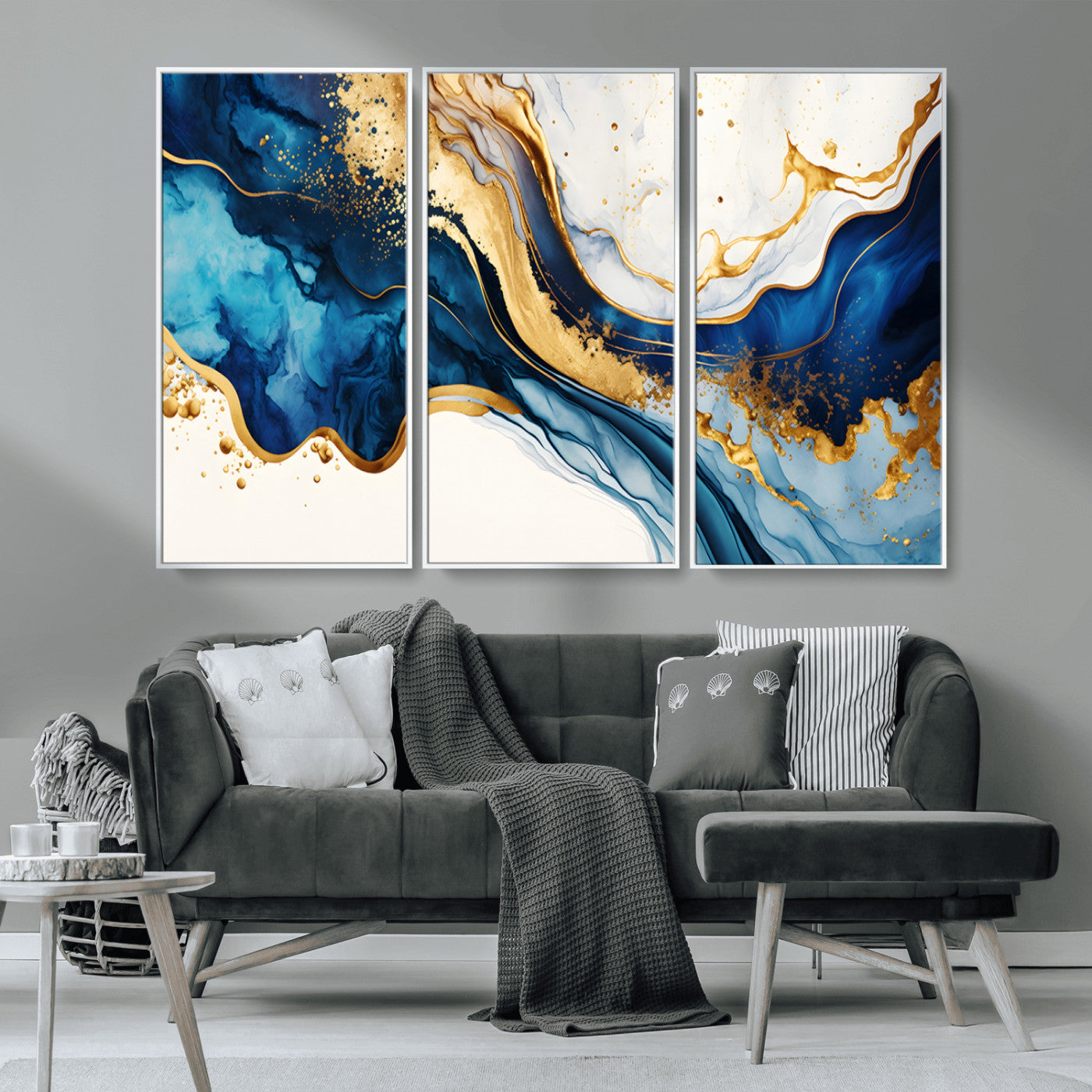 60283636-MGV-CV-36X24-Blue Gold Flow Wall Art Canvas Print, Framed Marble Texture Art Picture Print, Elegant Splash Perfect Elegant Abstract Decor