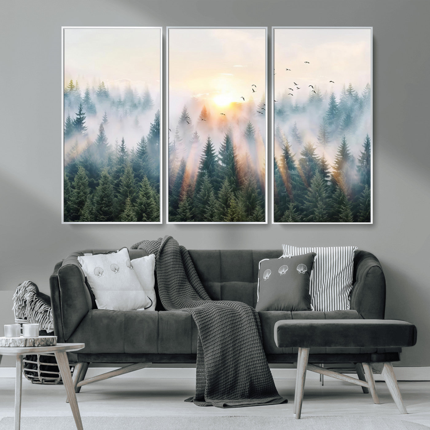 92718976-MGV-CV-36X24-Misty Forest Wall Art Canvas Print, Framed Sunrise Pines Art Picture Print, Foggy Woodland Perfect Moody Woodland Decor Artwork