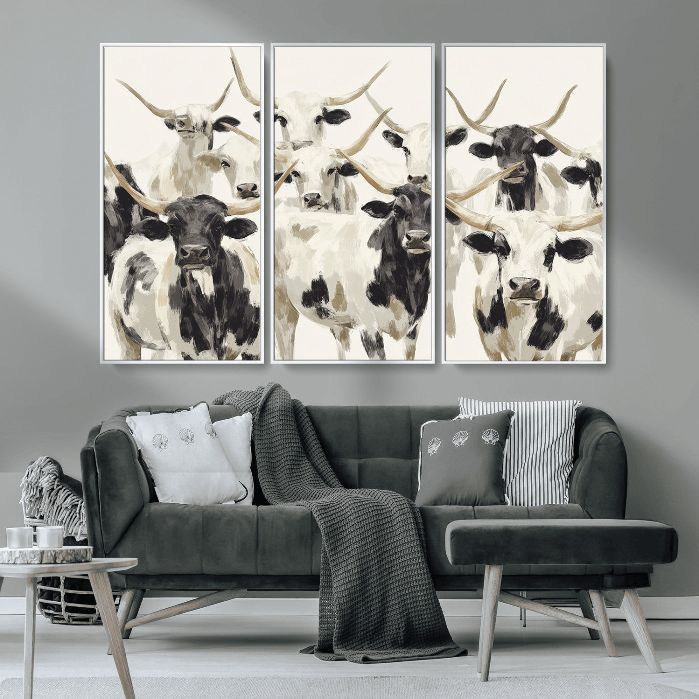 52947970-MGV-CV-36X24-Texas Longhorn Wall Art Canvas Print, Framed Cattle Herd Art Picture Print, Herd Portrait Perfect Modern Farmhouse Decor Artwork