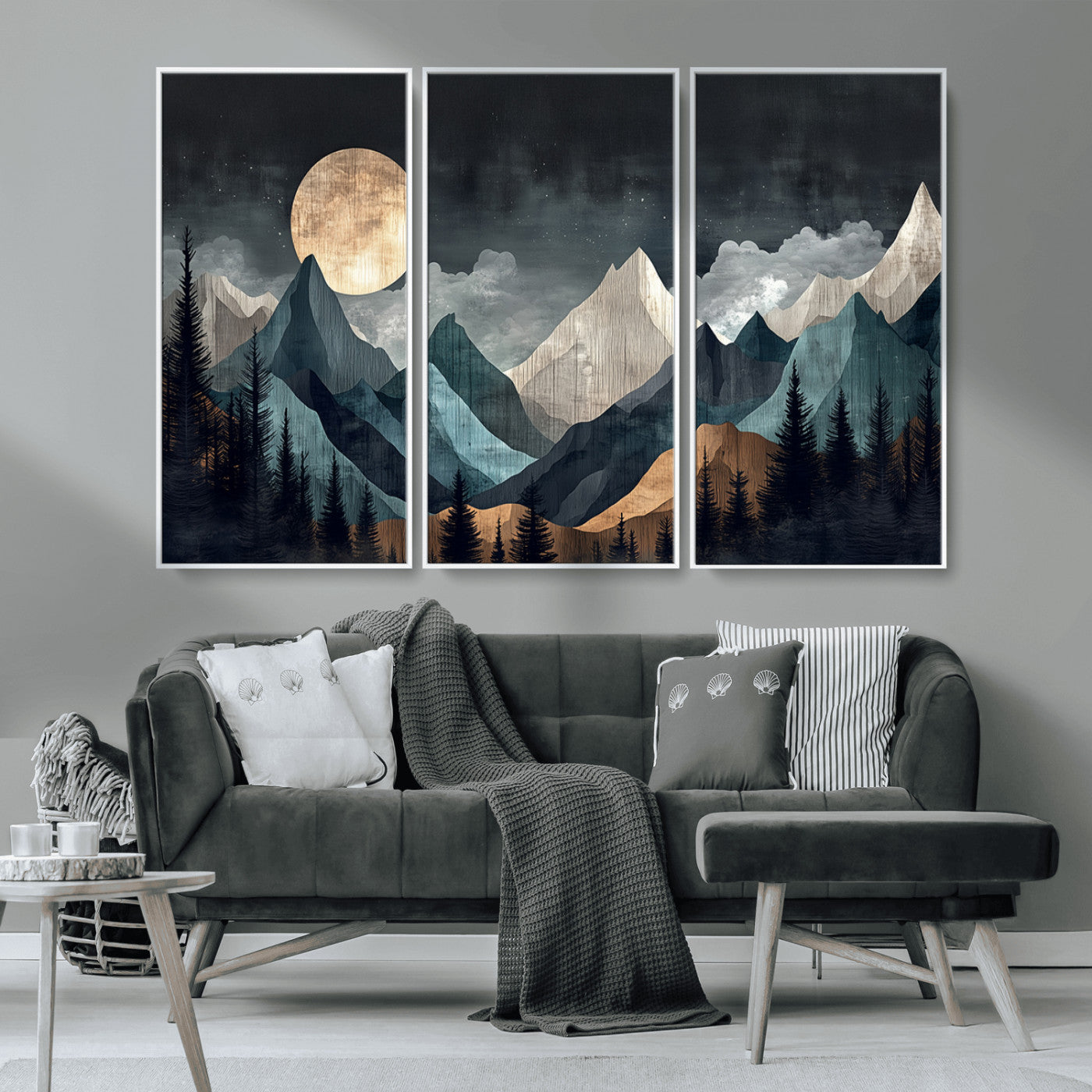 11060882-MGV-CV-36X24-Moonlit Mountains Wall Art Canvas Print, Framed Forest Silhouette Art Picture Print, Night Landscape Perfect Modern Forest Decor