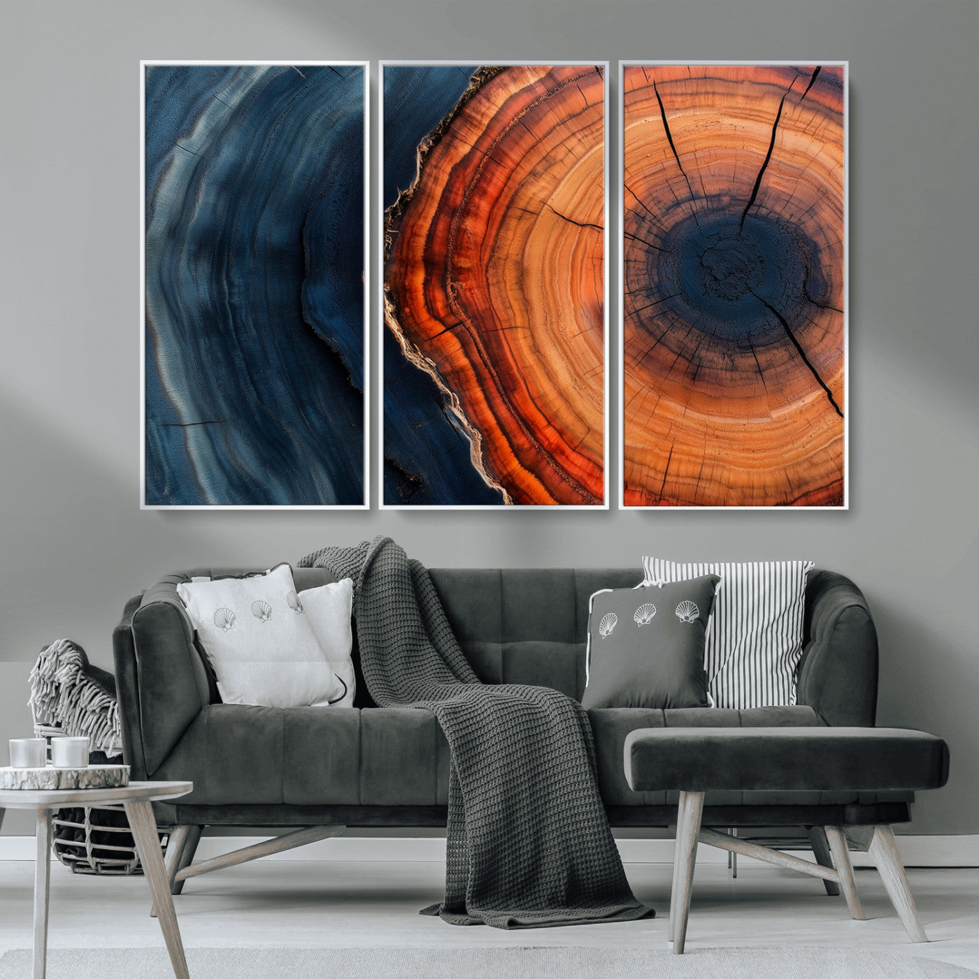 57732250-MGV-CV-36X24-Tree Ring Abstract Wall Art – Blue Orange Wood Grain Canvas Print, Modern Rustic Nature Artwork for Living Room, Office,