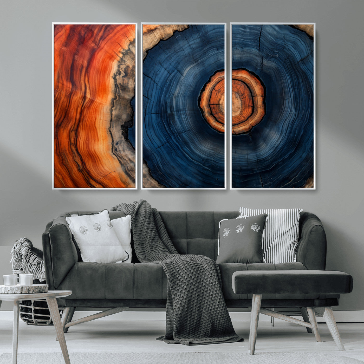 72209152-MGV-CV-36X24-Abstract Tree Ring Wall Art – Vibrant Blue Orange Wood Grain Canvas Print, Rustic Modern Nature Artwork for Living Room, Office,