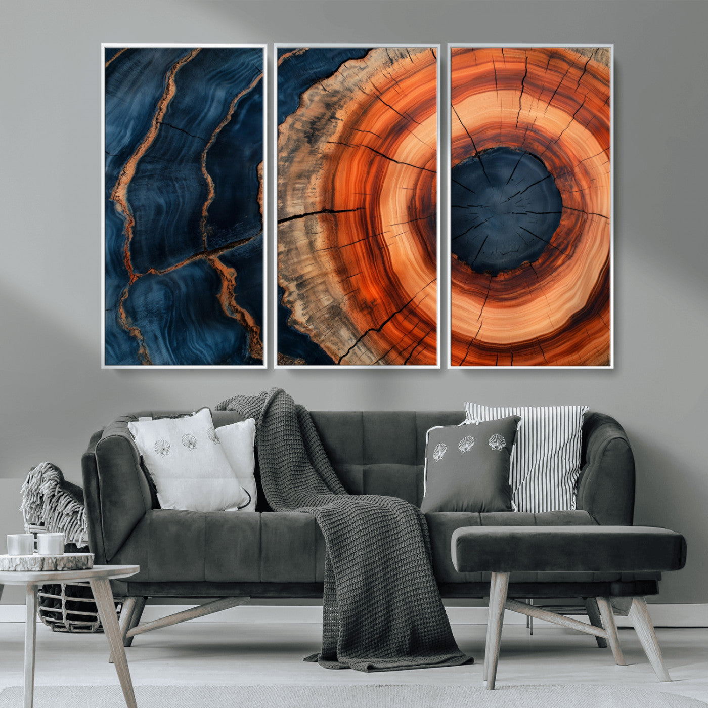41123192-MGV-CV-36X24-Tree Ring Canvas Wall Art – Abstract Blue Orange Wood Grain Print, Rustic Modern Nature Artwork for Living Room, Bedroom, Office