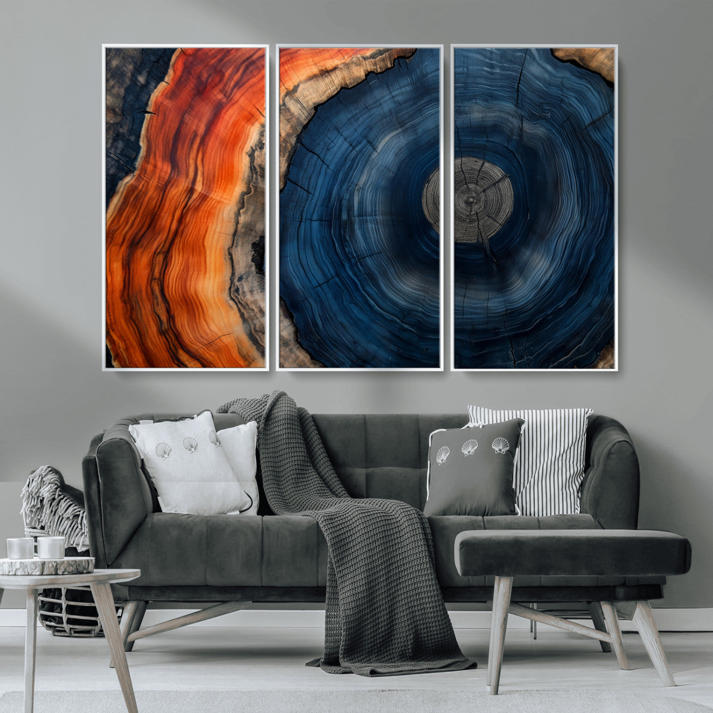 99491700-MGV-CV-36X24-Tree Ring Canvas Wall Art – Blue Orange Abstract Wood Grain Print, Rustic Modern Nature Artwork for Living Room, Office, Bedroom