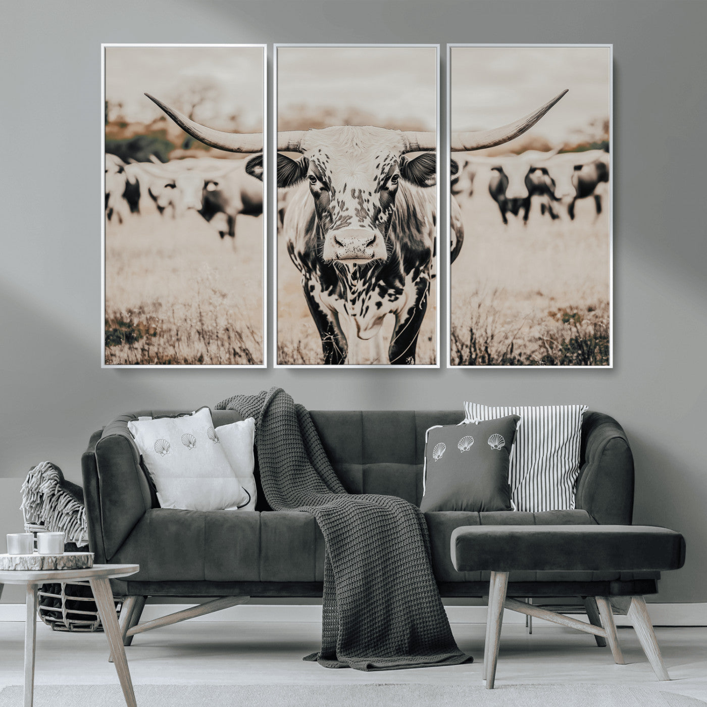 27497342-MGV-CV-36X24-Texas Longhorn Wall Art Canvas Print, Framed Speckled Cow Art Picture Print, Horned Cattle Perfect Rustic Western Decor Artwork