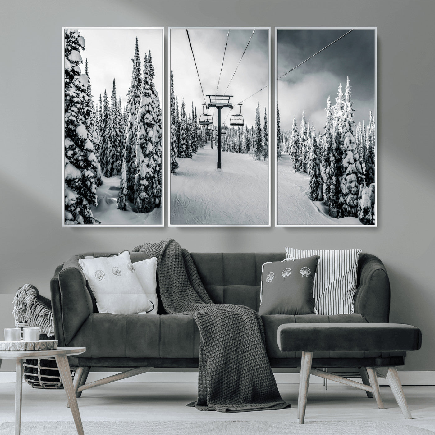 31156828-MGV-CV-36X24-Snowy Pines Wall Art Canvas Print, Framed Ski Lift Art Picture Print, Winter Forest Perfect Moody Lodge Decor Artwork