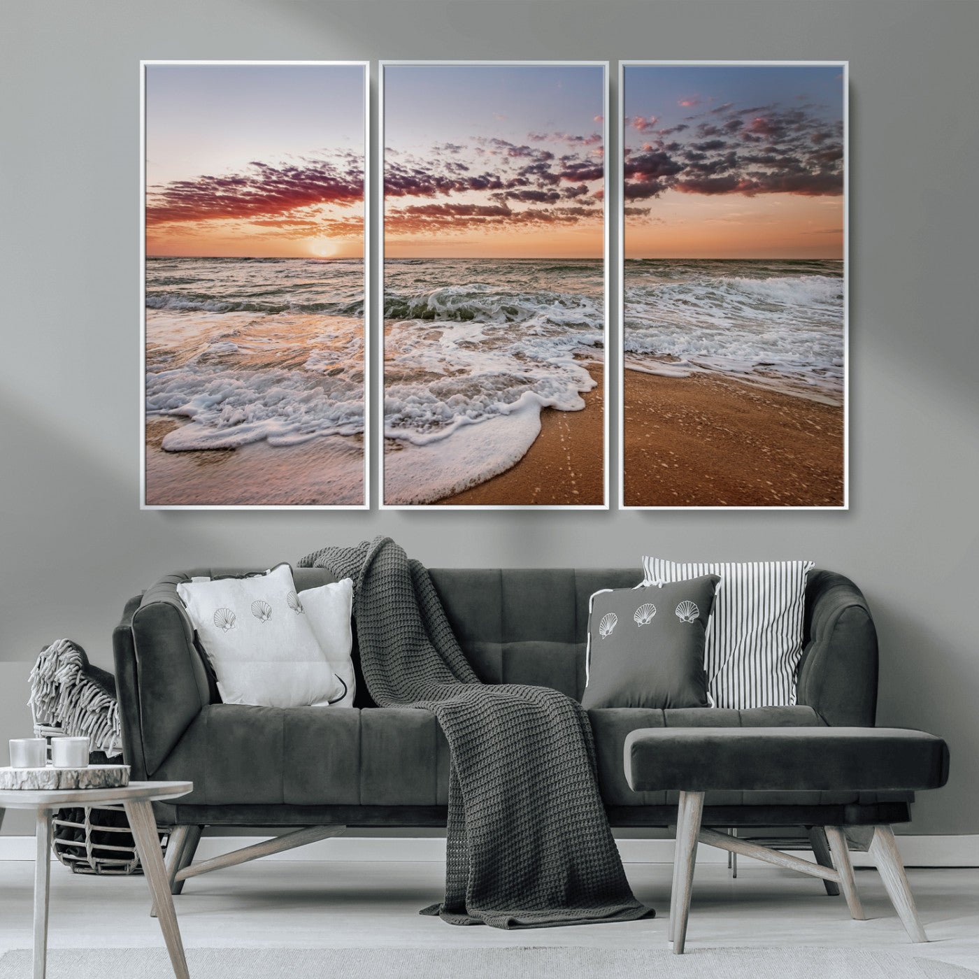39846389-MGV-CV-36X24-Ocean Sunset Wall Art Canvas Print, Framed Sandy Shore Art Picture Print, Gentle Waves Perfect Minimalist Coastal Decor Artwork