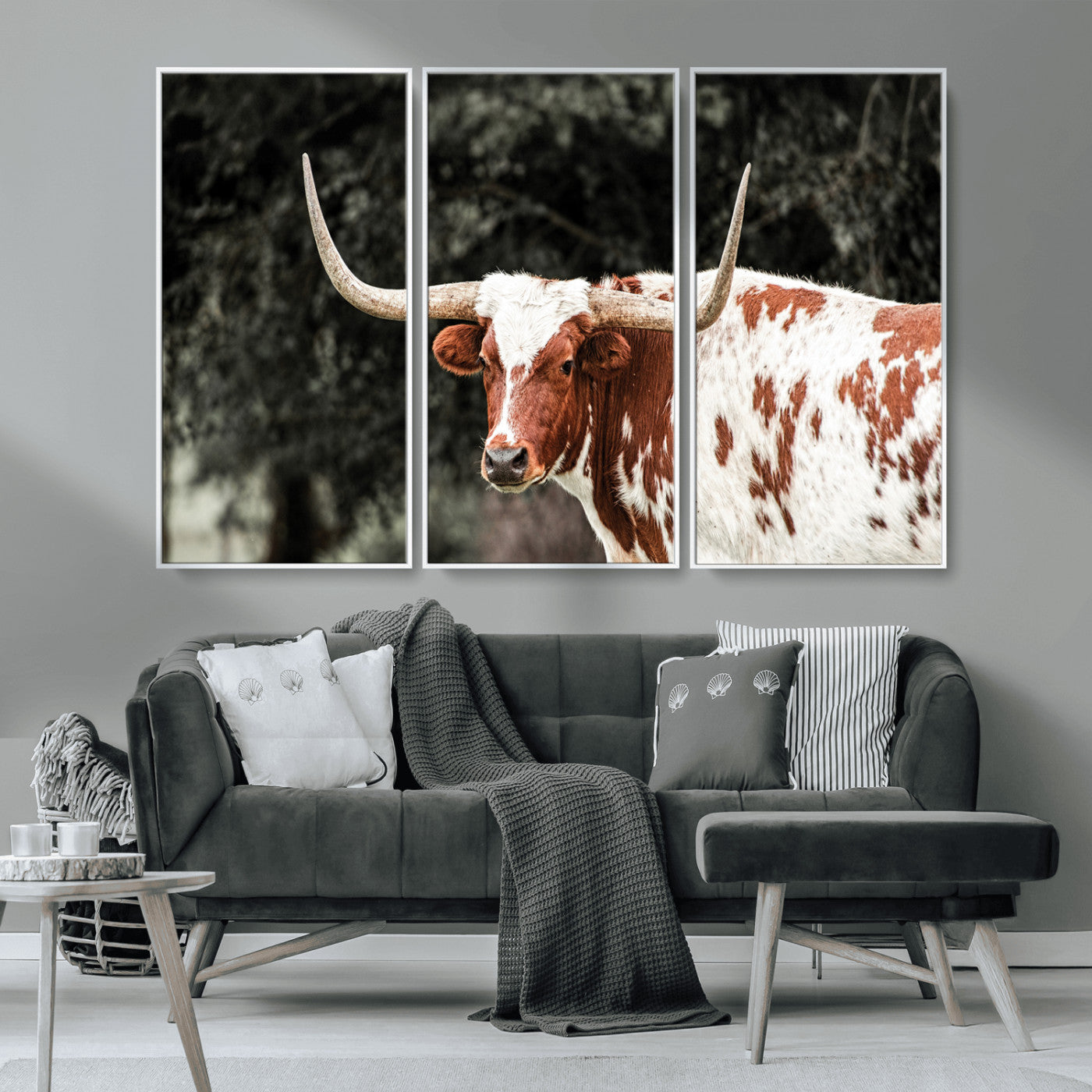54027638-MGV-CV-36X24-Texas Longhorn Wall Art Canvas Print, Framed Spotted Cow Art Picture Print, Horned Bull Perfect Rustic Western Decor Artwork