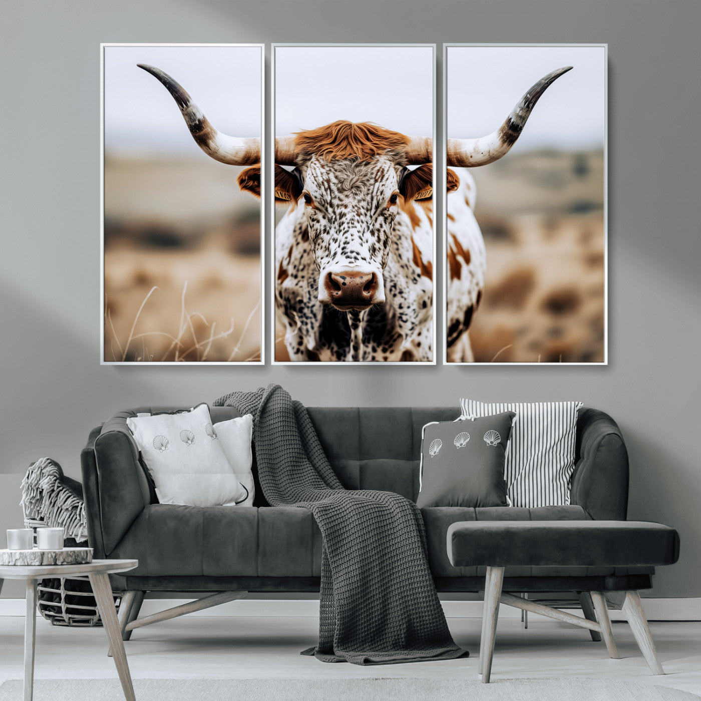 76294381-MGV-CV-36X24-Texas Longhorn Wall Art Canvas Print, Framed Spotted Cow Art Picture Print, Horned Cattle Perfect Rustic Western Decor Artwork