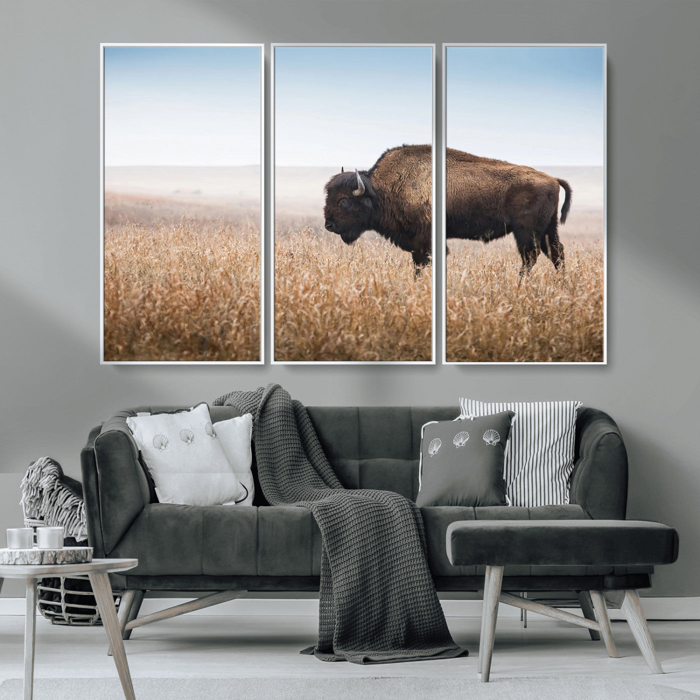 91267849-MGV-CV-36X24-Wild Bison Wall Art Canvas Print, Framed Bison in Prairie Art Picture Print, Rustic Western Perfect Rustic Western Decor Artwork