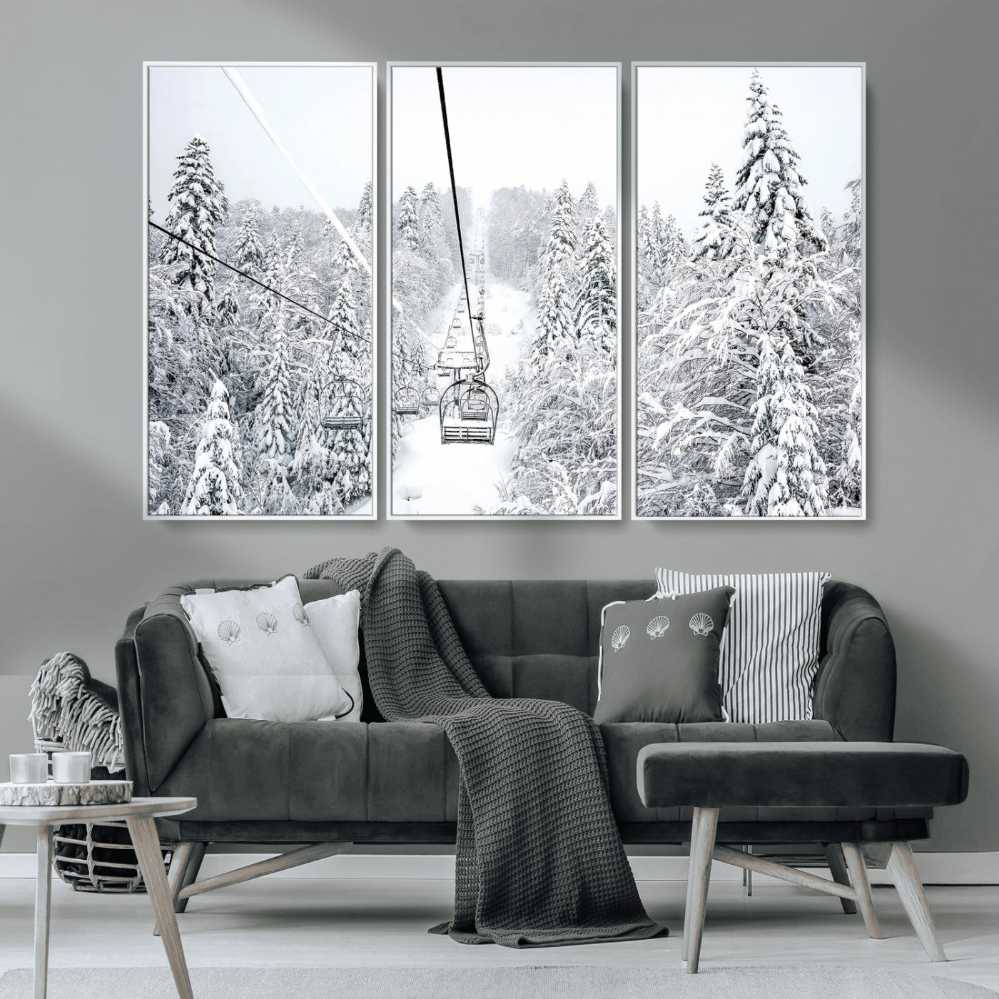 60296839-MGV-CV-36X24-Snowy Mountains Wall Art Canvas Print, Framed Ski Lift Art Picture Print, Winter Forest Perfect Winter Minimalist Decor Artwork