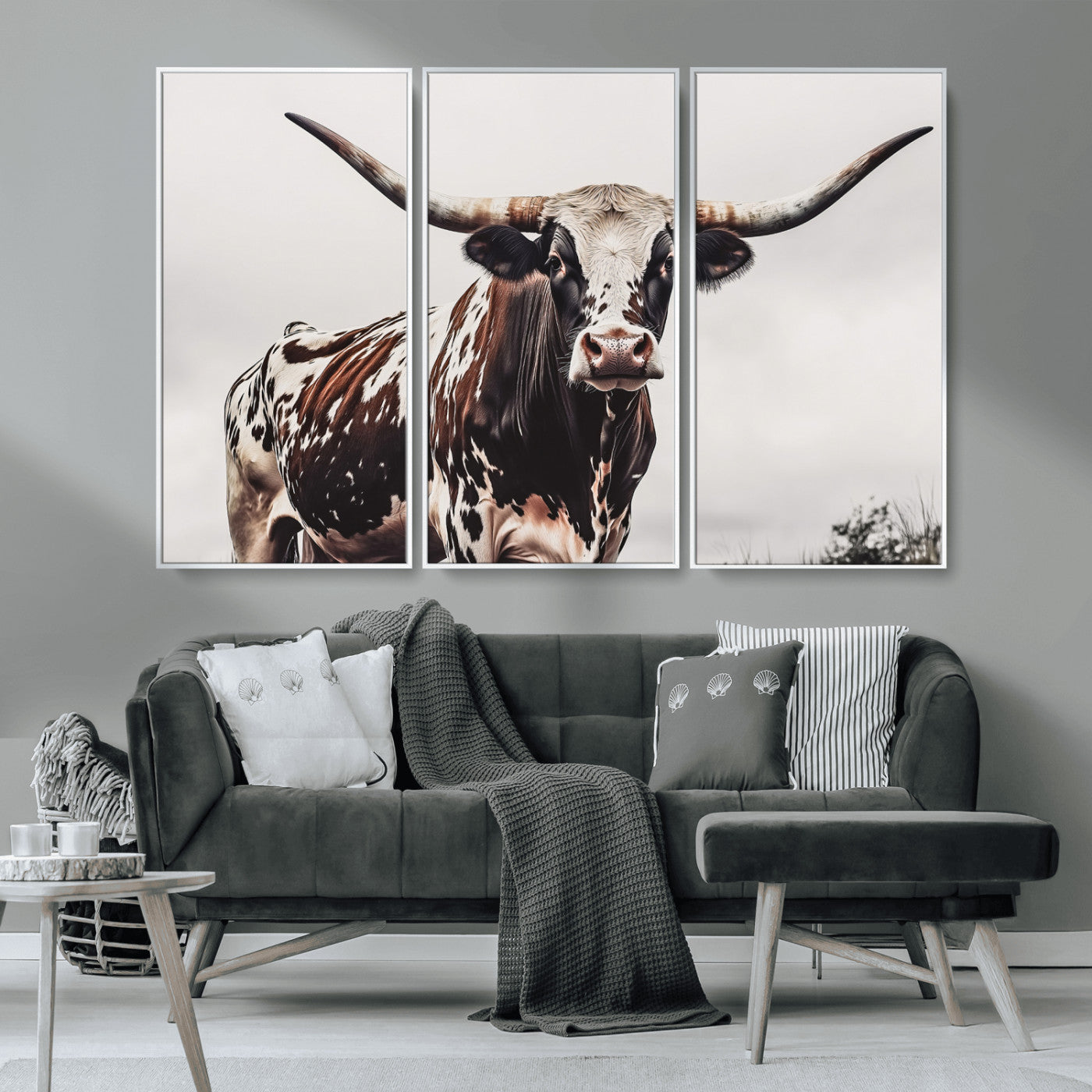 95249234-MGV-CV-36X24-Texas Longhorn Wall Art Canvas Print, Framed Spotted Bull Art Picture Print, Horned Cattle Perfect Rustic Farmhouse Decor Artwork
