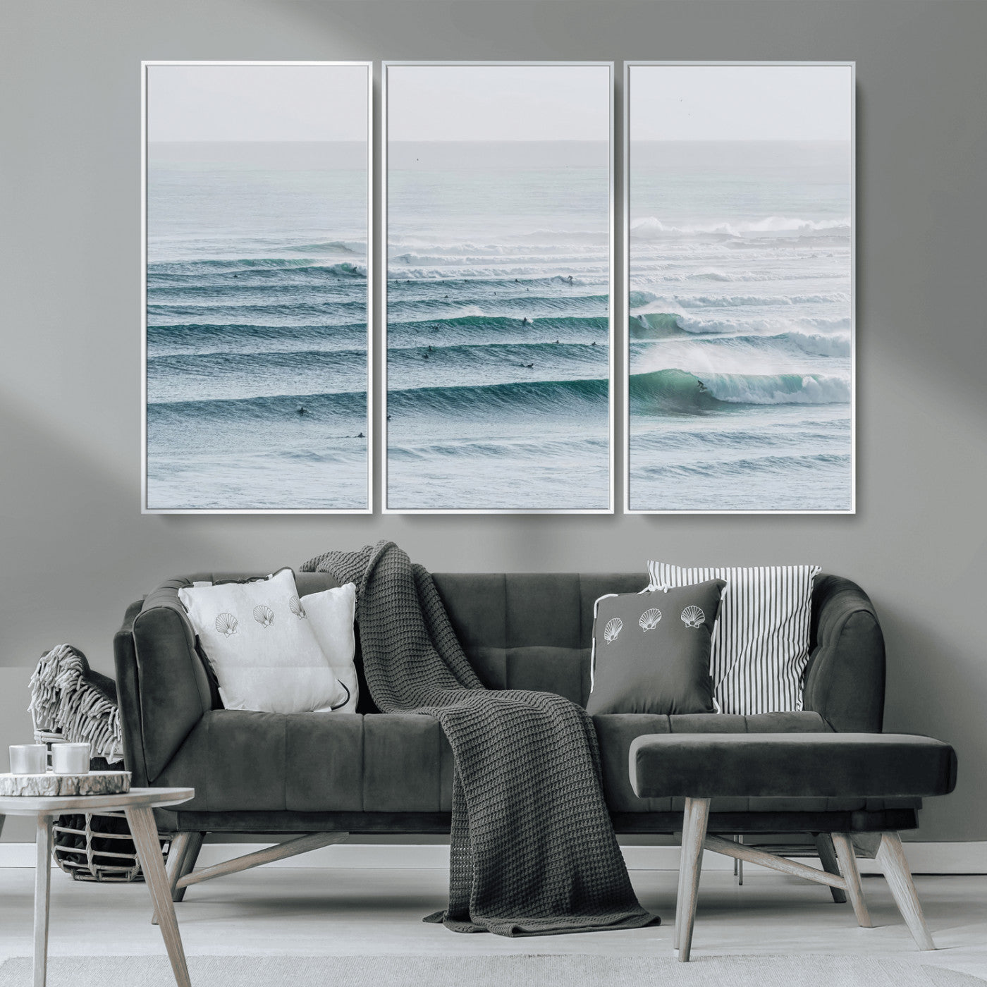 73969318-MGV-FC-48X32-3P_White-Ocean Waves Wall Art Canvas Print, Framed Surfer Lineup Art Picture Print, Crowded Ocean Perfect Minimal Coastal Decor Artwork