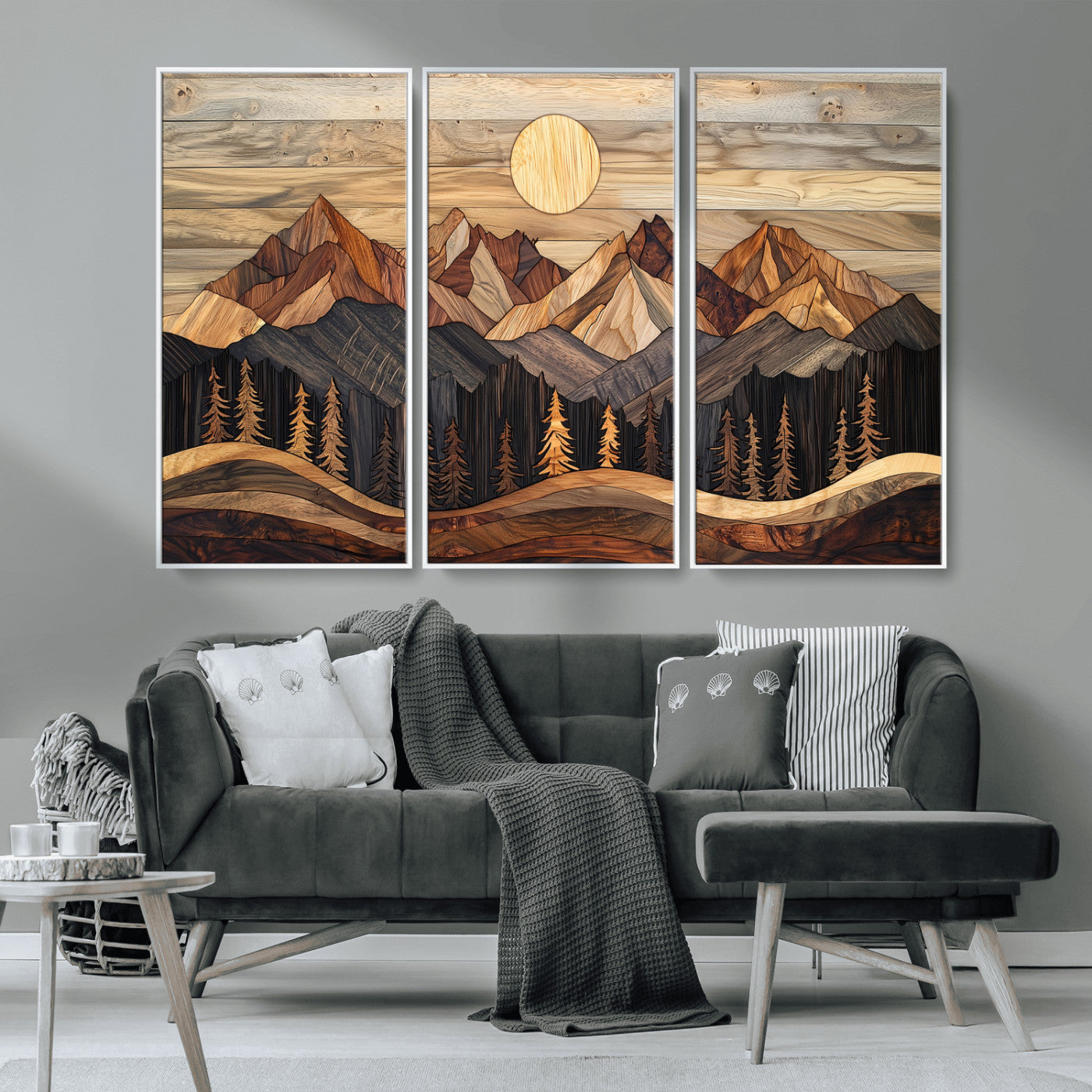 50100230-MGV-CV-36X24-Wooden Mountain Wall Art – Rustic Nature Landscape Canvas Print, Handmade Style Sun, Forest, and Peaks Artwork for Living Room,