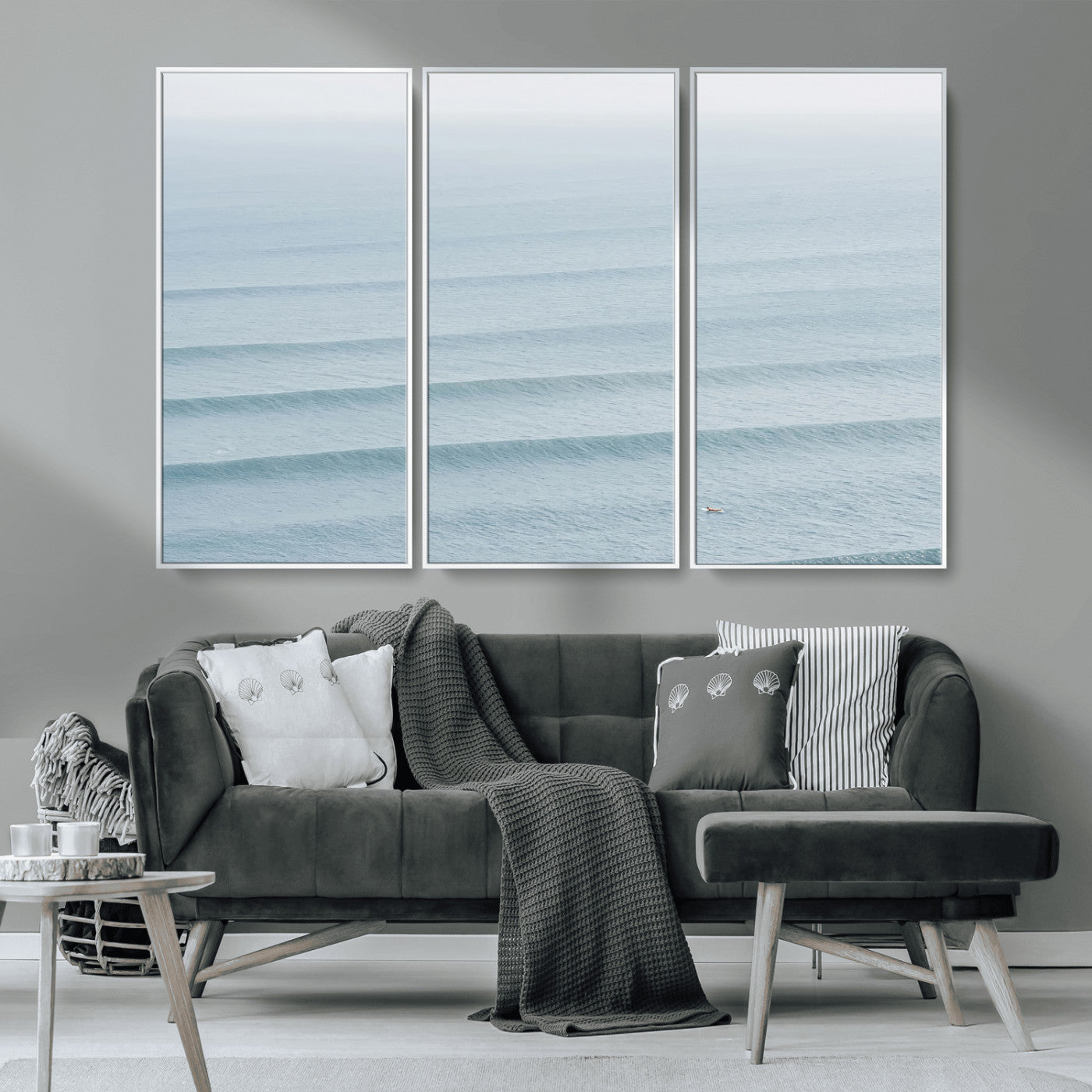 47814787-MGV-FC-48X32-3P_White-Ocean Waves Wall Art Canvas Print, Framed Solo Surfer Art Picture Print, Wave Lines Perfect Minimalist Ocean Decor Artwork