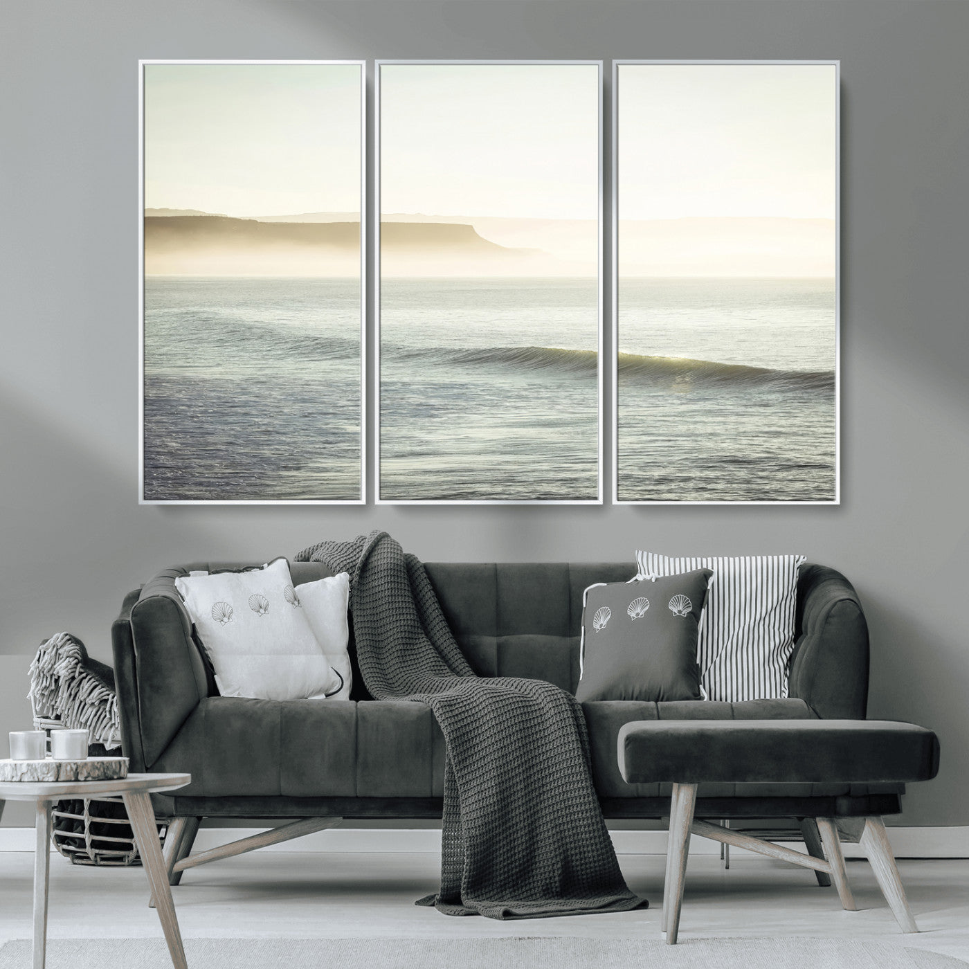 39310633-MGV-CV-36X24-Coastal Cliffs Wall Art Canvas Print, Framed Misty Ocean Art Picture Print, Morning Light Perfect Minimalistic Coastal Decor