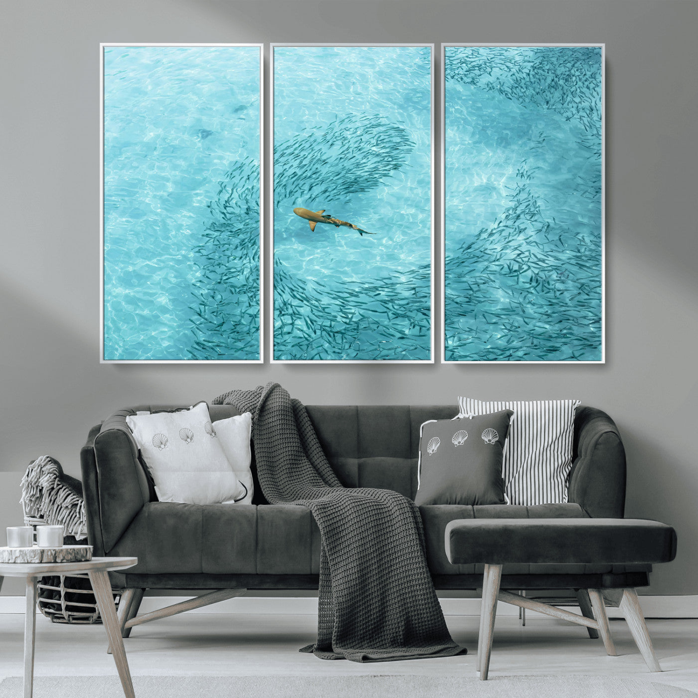 43671474-MGV-FC-48X32-3P_White-Fish Swarm Wall Art Canvas Print, Framed Marine Life Art Picture Print, Shark Aerial Perfect Wildlife Coastal Decor Artwork