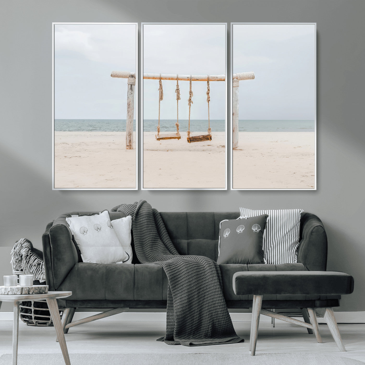 68327283-MGV-CV-36X24-Beach Swing Wall Art Canvas Print, Framed Quiet Beach Art Picture Print, Calm Shoreline Perfect Bohemian Coastal Decor Artwork