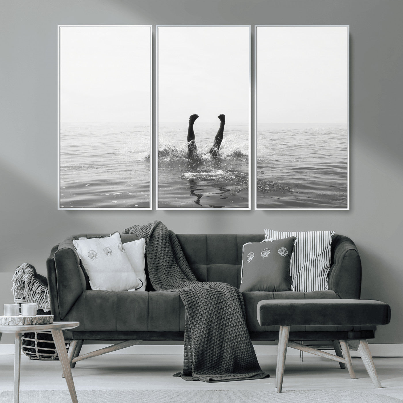 26667396-MGV-CV-36X24-Black White Ocean Wall Art Canvas Print, Framed Monochrome Water Art Picture Print, Diving into Water Perfect Minimalist Aquatic