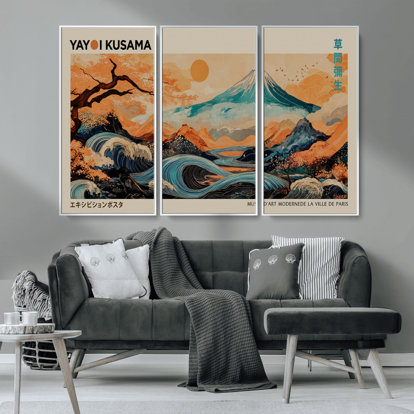 22373530-MGV-CV-36X24-Japanese Mt Fuji Wave Art Print – Ukiyo e Inspired Sun & Cherry Blossom Poster, Traditional Asian Landscape Painting, Modern